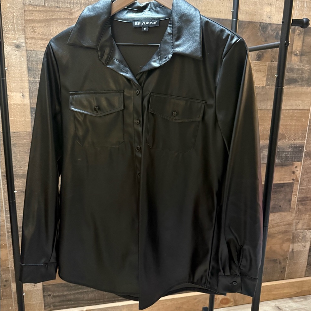 Black Faux Leather Button-Up Shirt